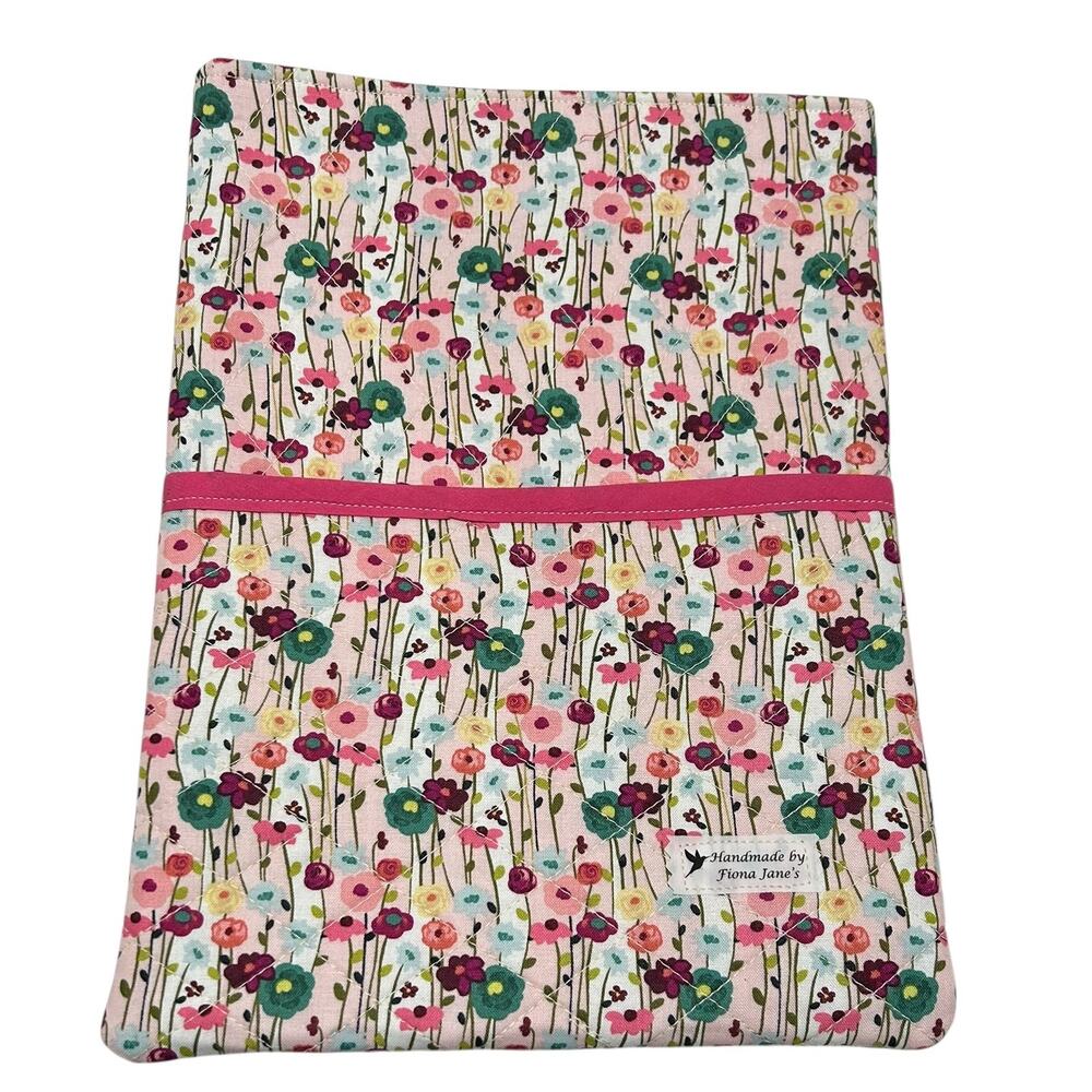 Handmade Quilted iPad Large Book Sleeve Front Pocket NEW 12" x 9" Pink Floral